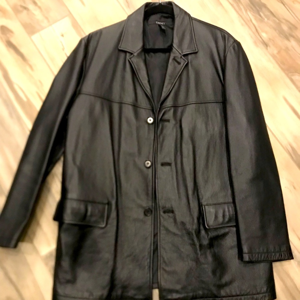 DKNY mens leather trench coat.